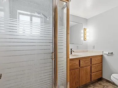 Bathroom — glass shower door, updated faucet